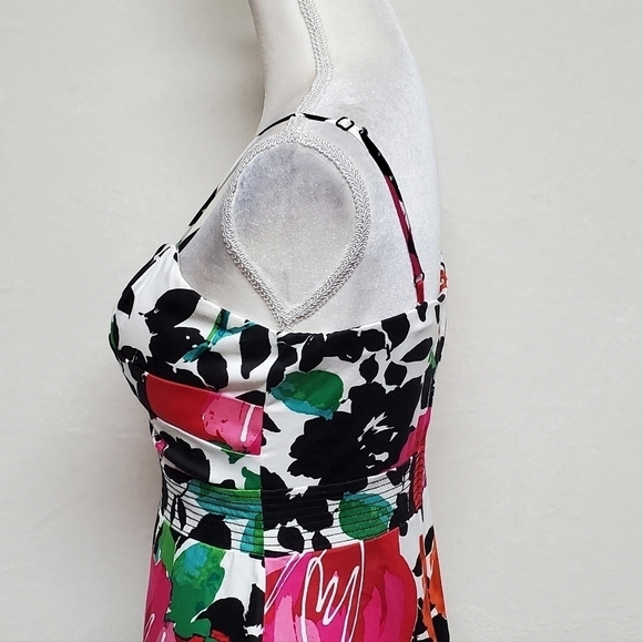 B. Smart Abstract Watercolor Floral Sweetheart V-neck Pin-up A-line Mini Dress - Picture 9 of 14